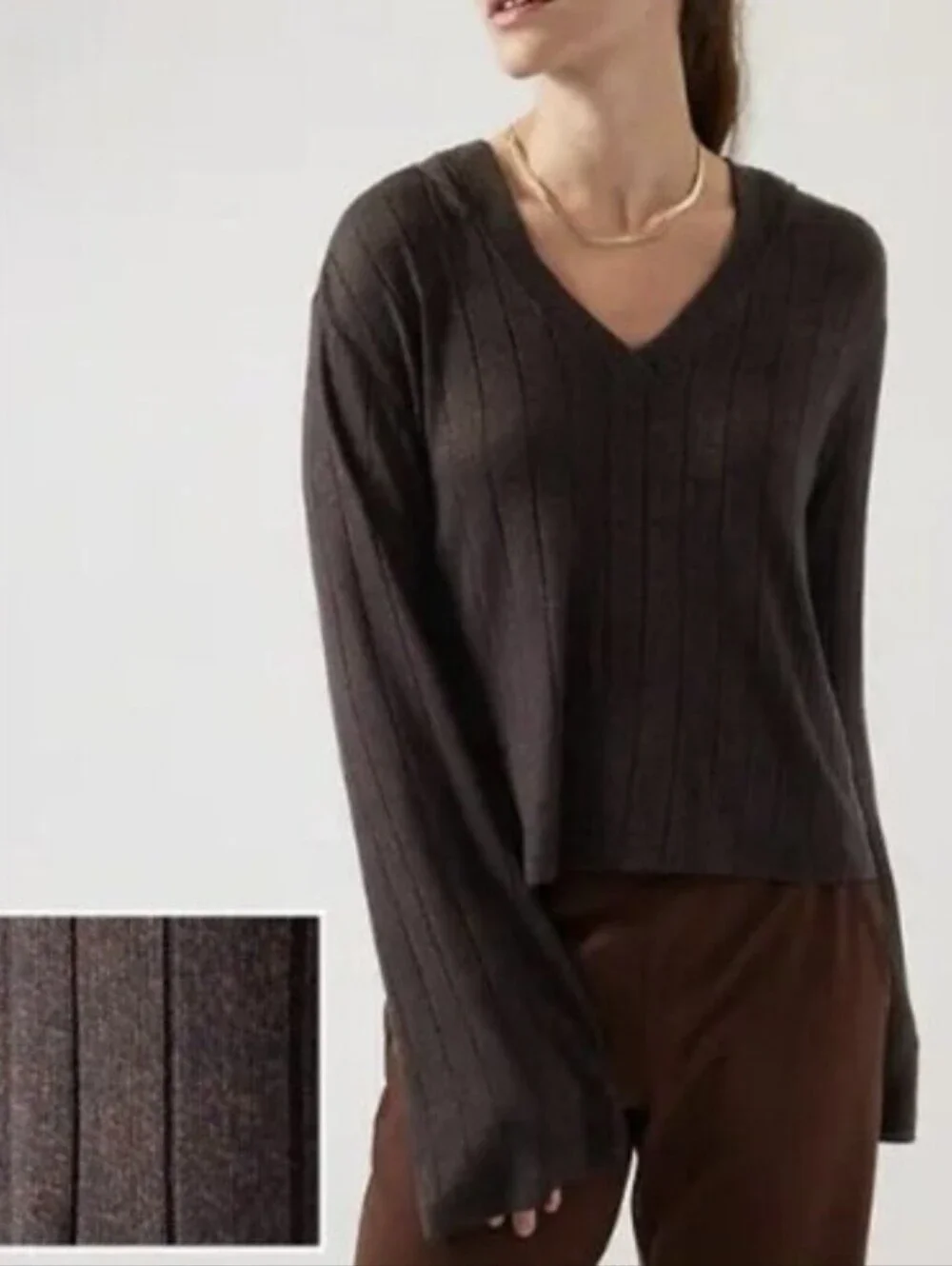 Athleta Brown Ribbed V-Neck Hoodie Top-harmony Pose-Size-S